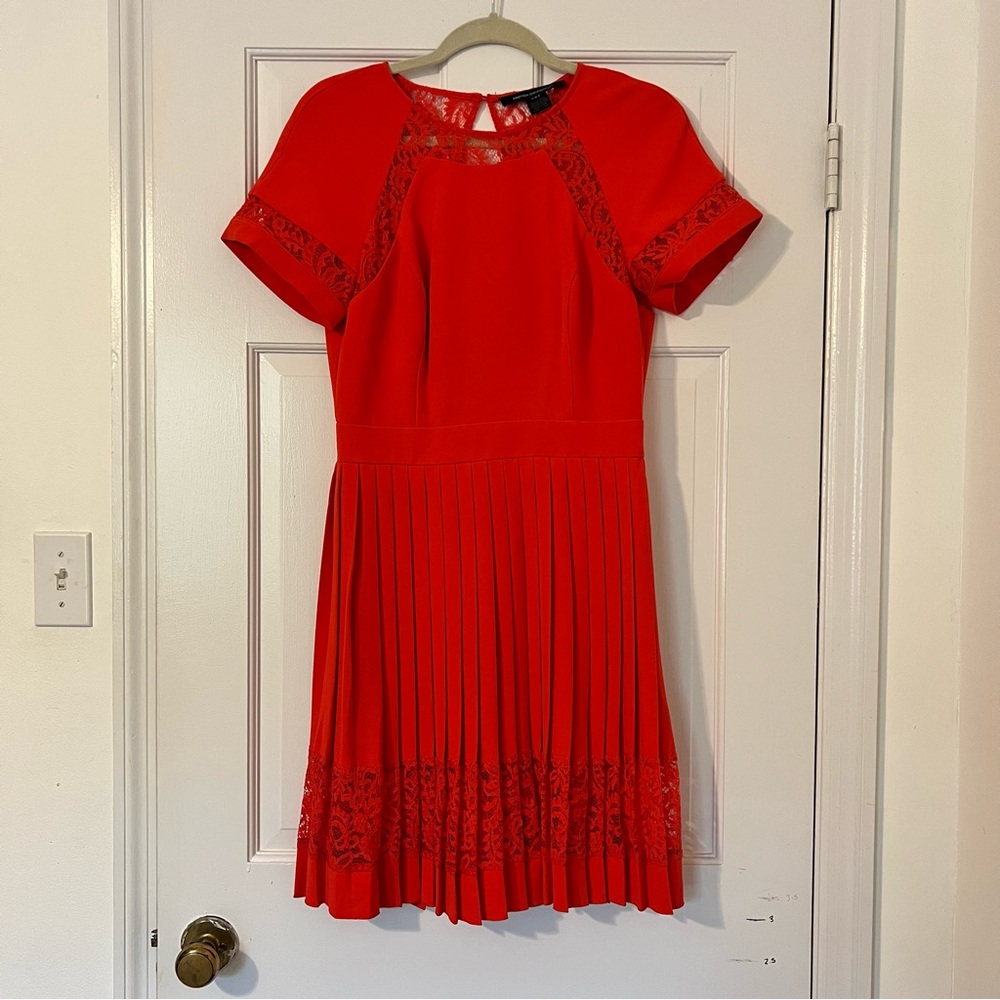 Red lace French Connection fit flare dress. Size 6